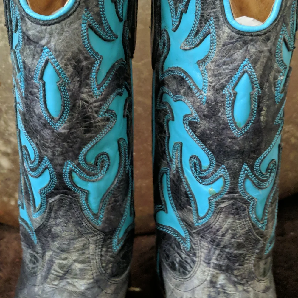 JOHNNY RINGO E1385 charcoal gray & turquoise wing tip boots square toe sz 6.5B - Picture 11 of 16
